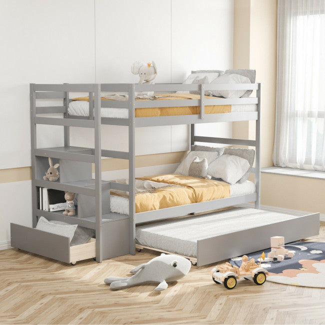 Wooden Twin Over Twin Bunk Bed with Stairs and Storage Shelf