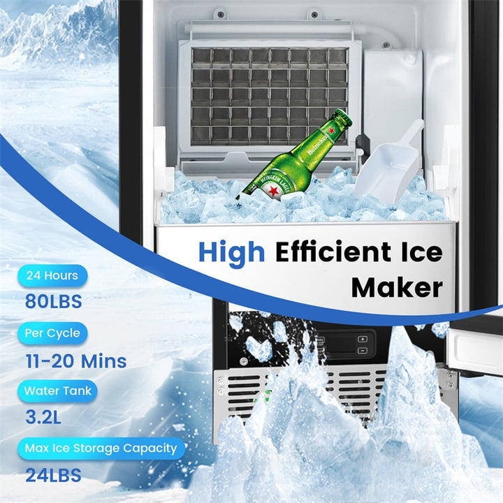 80LBS/24H Commercial External Ice Maker Freestanding Under Counter 115V Industrial Ice Machine with Drain Pump and 24LBS Ice Storage