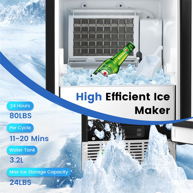 80LBS/24H Commercial Built-in Ice Maker Freestanding Under Counter 115V Industrial Ice Machine with Drain Pump and 24LBS Ice Storage