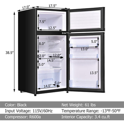 2 Doors Compact Refrigerator 3.4 cu. ft. Cold-rolled Sheet Mini Fridge with Adjustable Removable Shelves