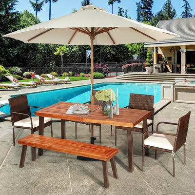 Outdoor Rectangular Acacia Wood Dining Table with Umbrella Hole and Rustic Steel Legs