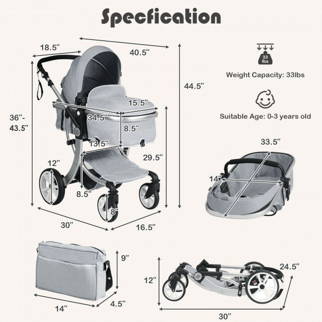Easy Fold Baby Stroller Pushchair With Reclining Backrest & Foot Cover