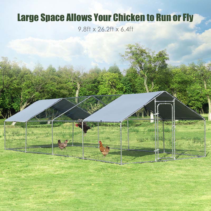 26 FT Large Metal Walk-in Chicken Coop Cage Runs Hen House with Cover & Lockable Door