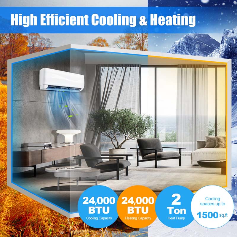 24000BTU Ductless Mini Split Air Conditioner 208-230V 18.5 SEER2 Wall-Mounted Inverter AC Unit with Heat Pump