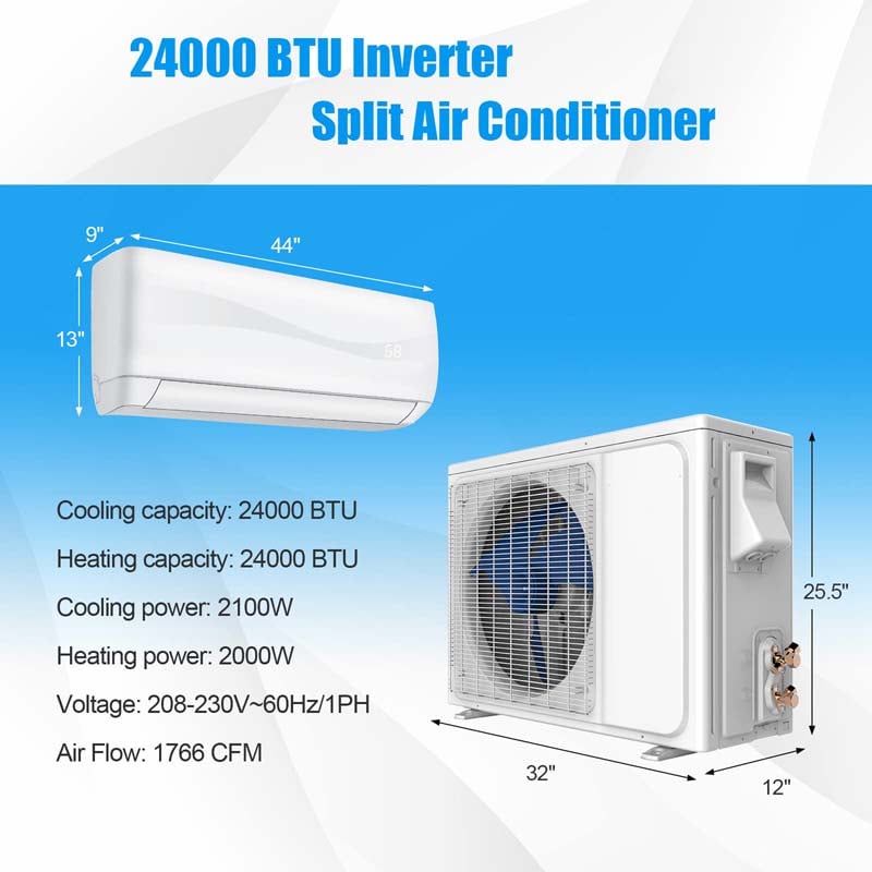 24000BTU Ductless Mini Split Air Conditioner 208-230V 18.5 SEER2 Wall-Mounted Inverter AC Unit with Heat Pump