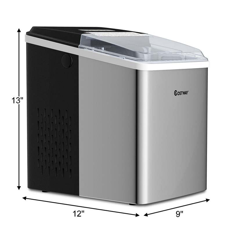 26LBS/24H Countertop Ice Maker Portable Stainless Steel Electric Ice Machine with Self-clean Function Ice Scoop