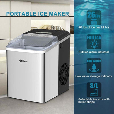 26LBS/24H Countertop Ice Maker Portable Stainless Steel Electric Ice Machine with Self-clean Function Ice Scoop