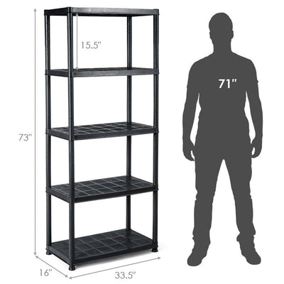 33.5"L x 16"W x 73"H Heavy Duty 5 Tier Plastic Storage Rack Multi-Use Freestanding Shelf Unit Organizer