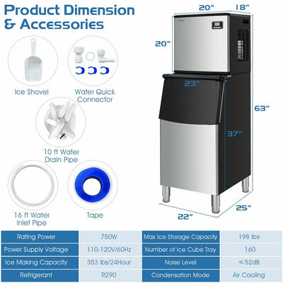 353LBS/24H Split Commercial Ice Machine with 198 LBS Storage Bin, Industrial Modular Ice Maker