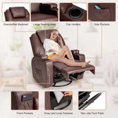 360 Degree Swivel Massage Recliner Chair Leather Glider Rocker Lounge Chair with Remote Control and Lumbar Heating for Nursery