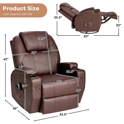 360 Degree Swivel Massage Recliner Chair Leather Glider Rocker Lounge Chair with Remote Control and Lumbar Heating for Nursery