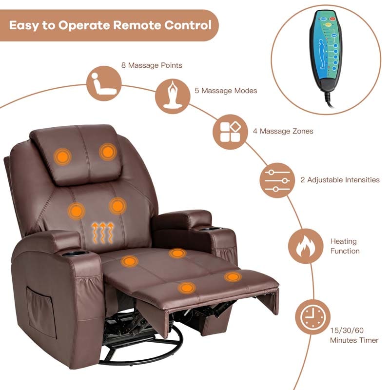 360 Degree Swivel Massage Recliner Chair Leather Glider Rocker Lounge Chair with Remote Control and Lumbar Heating for Nursery