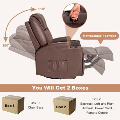 360 Degree Swivel Massage Recliner Chair Leather Glider Rocker Lounge Chair with Remote Control and Lumbar Heating for Nursery