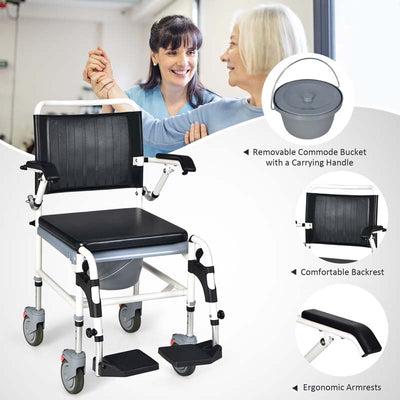 4-in-1 Commode Chair Shower Wheelchair with Detachable Bucket and Wheels