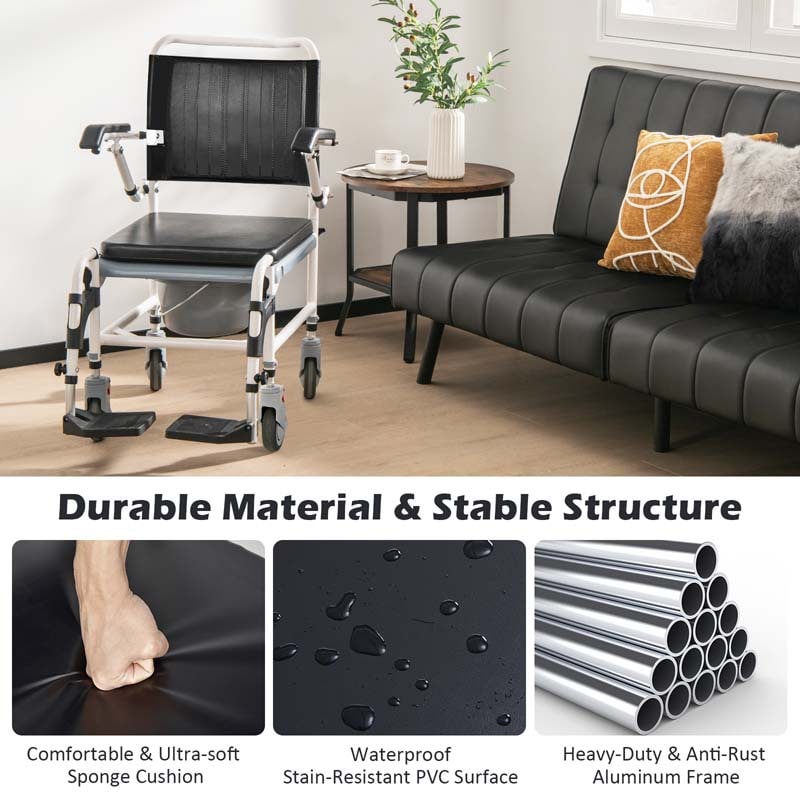 4-in-1 Commode Chair Shower Wheelchair with Detachable Bucket and Wheels