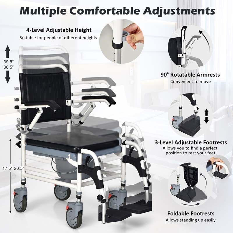4-in-1 Commode Chair Shower Wheelchair with Detachable Bucket and Wheels
