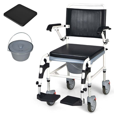 4-in-1 Commode Chair Shower Wheelchair with Detachable Bucket and Wheels