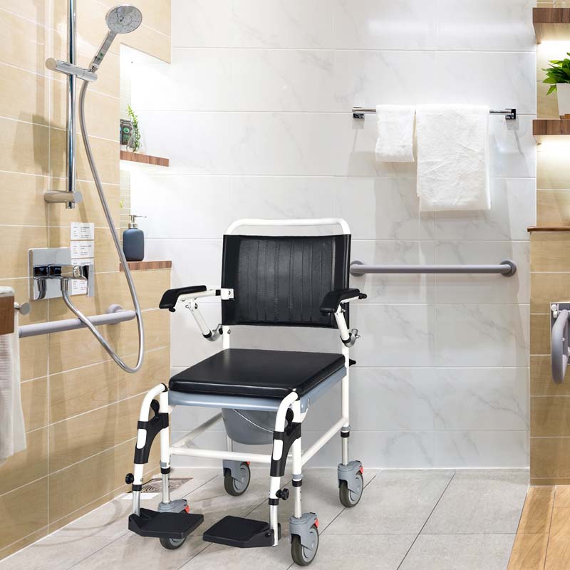 4-in-1 Commode Chair Shower Wheelchair with Detachable Bucket and Wheels