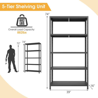 5-tier Heavy Duty Metal Storage Shelving Unit Adjustable Garage Storage Utility Rack Multi-Use Shelf Organizer 39" x 16" x 74"