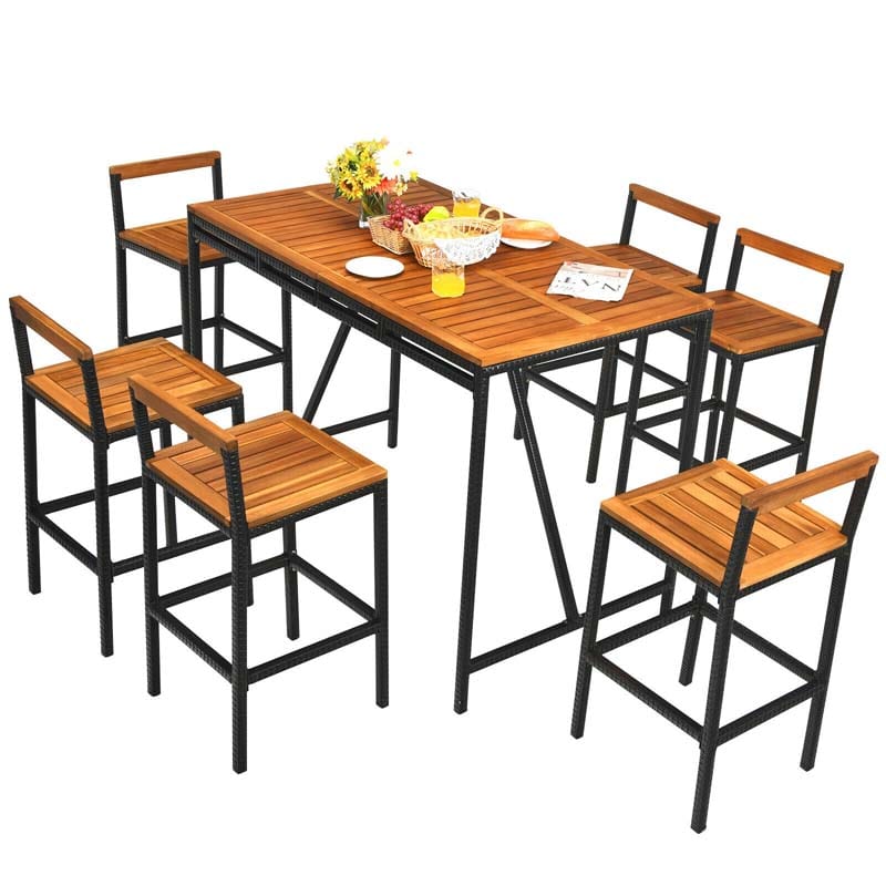 7-Piece Outdoor Acacia Wood Dining Table Set Patio Rattan Wicker Conversation Bar Set with Umbrella Hole