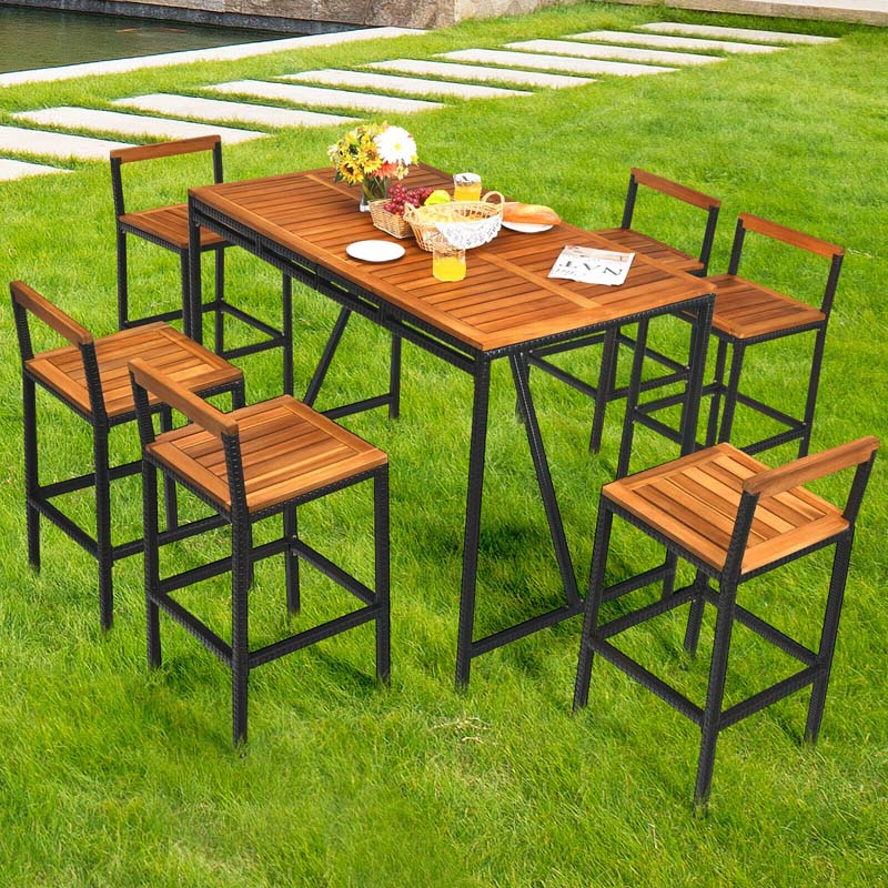 7-Piece Outdoor Acacia Wood Dining Table Set Patio Rattan Wicker Conversation Bar Set with Umbrella Hole