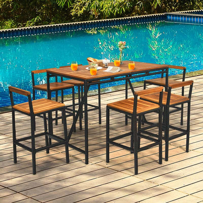 7-Piece Outdoor Acacia Wood Dining Table Set Patio Rattan Wicker Conversation Bar Set with Umbrella Hole