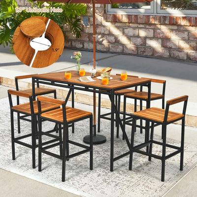7-Piece Outdoor Acacia Wood Dining Table Set Patio Rattan Wicker Conversation Bar Set with Umbrella Hole