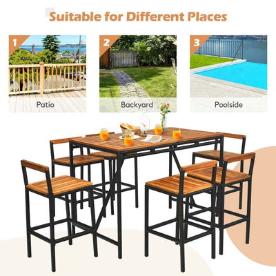 7-Piece Outdoor Acacia Wood Dining Table Set Patio Rattan Wicker Conversation Bar Set with Umbrella Hole