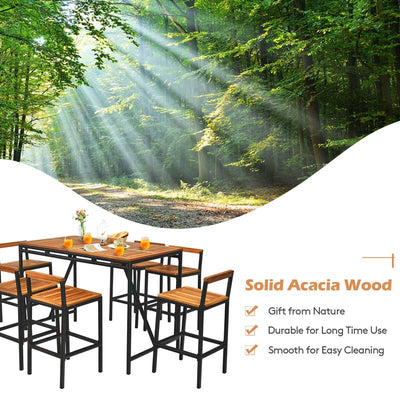 7-Piece Outdoor Acacia Wood Dining Table Set Patio Rattan Wicker Conversation Bar Set with Umbrella Hole