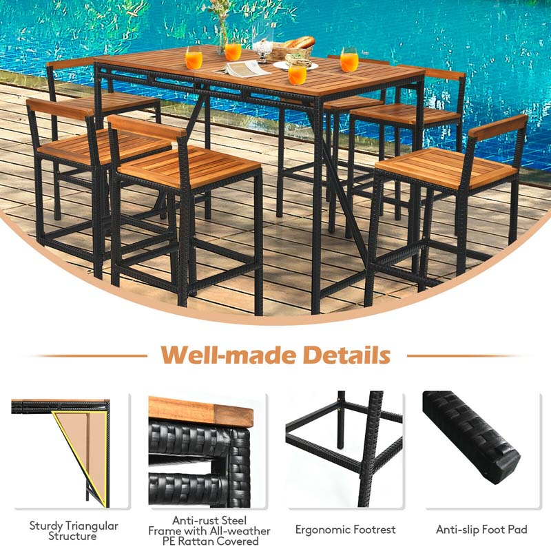 7-Piece Outdoor Acacia Wood Dining Table Set Patio Rattan Wicker Conversation Bar Set with Umbrella Hole