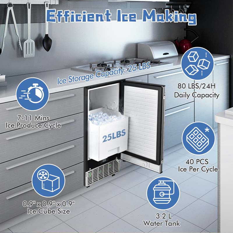 80LBS/24H Commercial Ice Machine Freestanding Under Counter Ice Cube Maker with Drain Pump and 25lbs Ice Bin