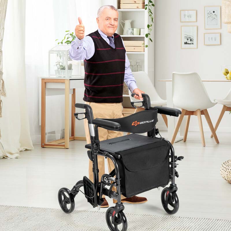 2 in 1 Folding Rollator Walker 4 Wheel Medical Wheelchair with Height-Adjustable Handle