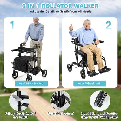 2 in 1 Folding Rollator Walker 4 Wheel Medical Wheelchair with Height-Adjustable Handle