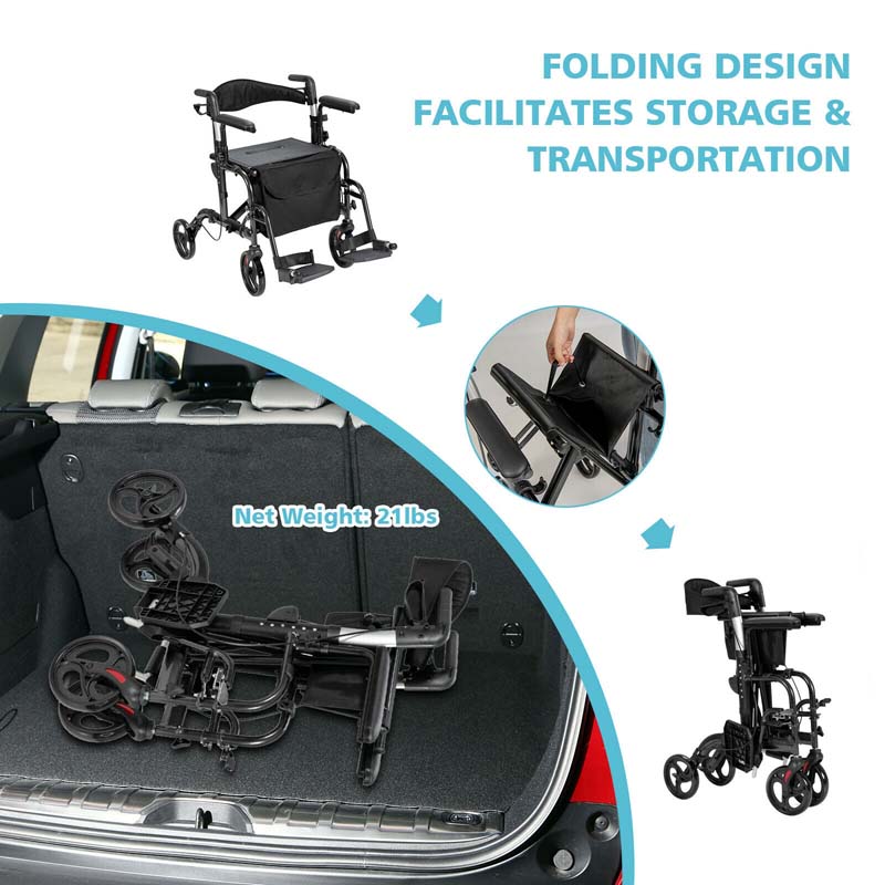 2 in 1 Folding Rollator Walker 4 Wheel Medical Wheelchair with Height-Adjustable Handle