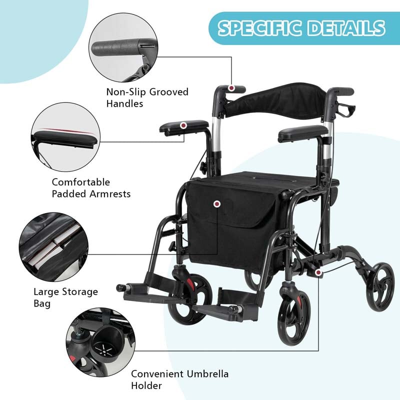 2 in 1 Folding Rollator Walker 4 Wheel Medical Wheelchair with Height-Adjustable Handle