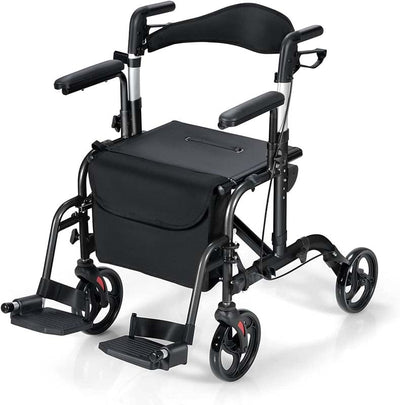 2 in 1 Folding Rollator Walker 4 Wheel Medical Wheelchair with Height-Adjustable Handle