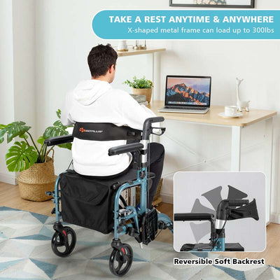 2 in 1 Folding Rollator Walker 4 Wheel Medical Wheelchair with Height-Adjustable Handle