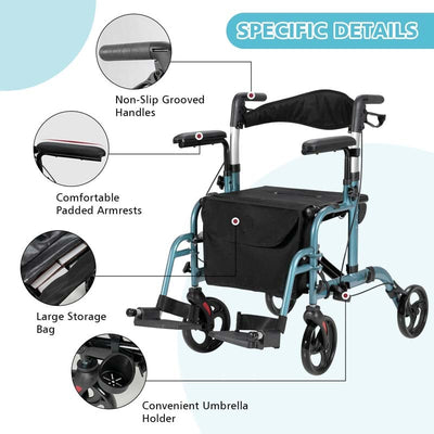 2 in 1 Folding Rollator Walker 4 Wheel Medical Wheelchair with Height-Adjustable Handle