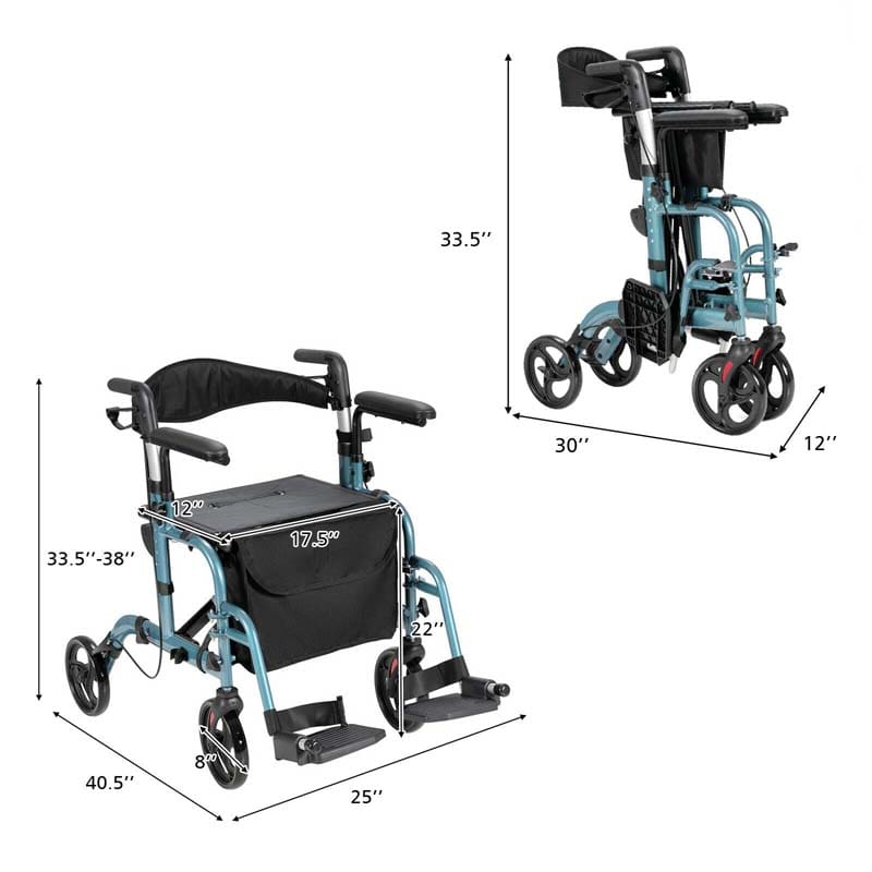 2 in 1 Folding Rollator Walker 4 Wheel Medical Wheelchair with Height-Adjustable Handle