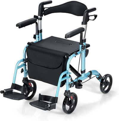 2 in 1 Folding Rollator Walker 4 Wheel Medical Wheelchair with Height-Adjustable Handle