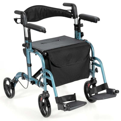 2 in 1 Folding Rollator Walker 4 Wheel Medical Wheelchair with Height-Adjustable Handle