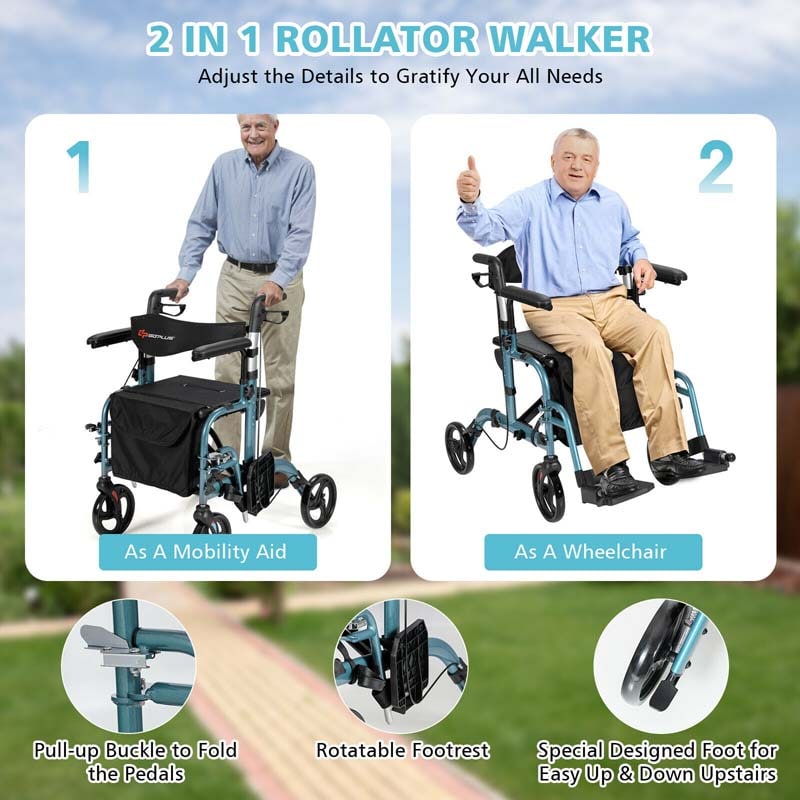 2 in 1 Folding Rollator Walker 4 Wheel Medical Wheelchair with Height-Adjustable Handle