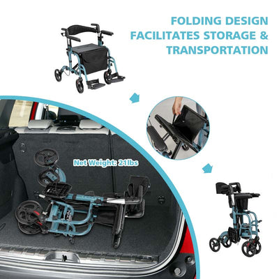 2 in 1 Folding Rollator Walker 4 Wheel Medical Wheelchair with Height-Adjustable Handle