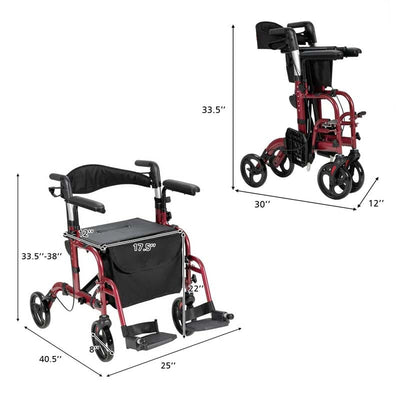 2 in 1 Folding Rollator Walker 4 Wheel Medical Wheelchair with Height-Adjustable Handle