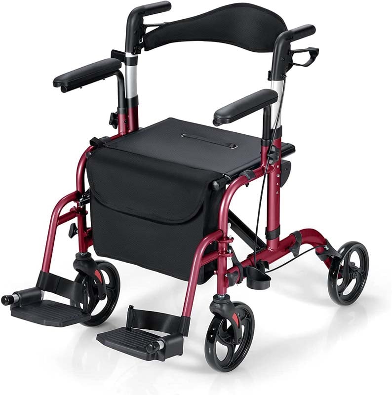 2 in 1 Folding Rollator Walker 4 Wheel Medical Wheelchair with Height-Adjustable Handle