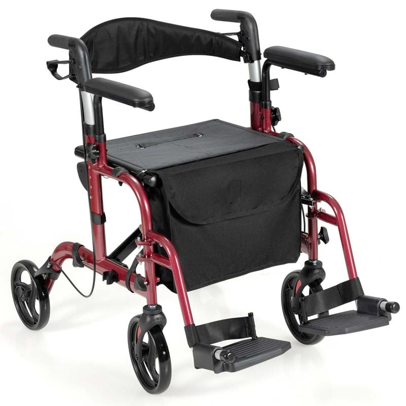 2 in 1 Folding Rollator Walker 4 Wheel Medical Wheelchair with Height-Adjustable Handle