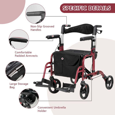 2 in 1 Folding Rollator Walker 4 Wheel Medical Wheelchair with Height-Adjustable Handle