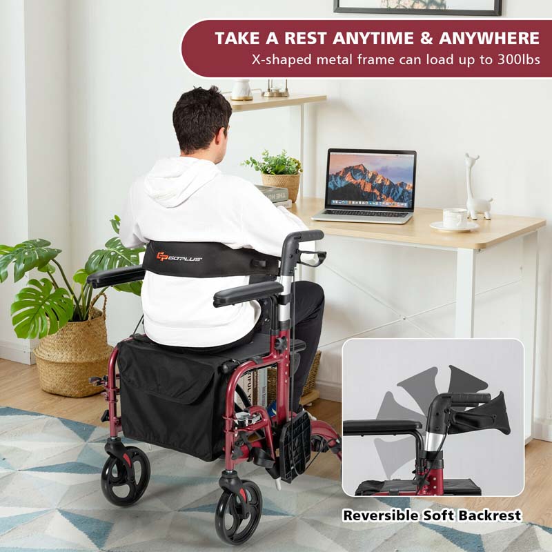 2 in 1 Folding Rollator Walker 4 Wheel Medical Wheelchair with Height-Adjustable Handle