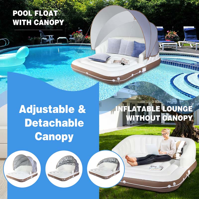 Giant Inflatable Pool Float Lounge Swimming Floating Island Raft with Retractable Canopy and  2 Cup Holders
