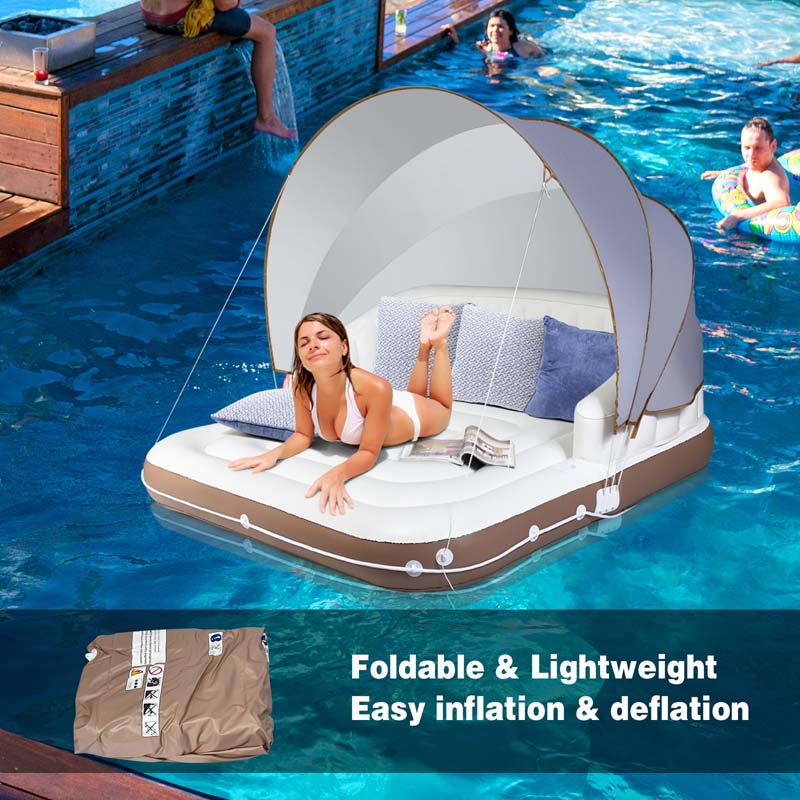 Giant Inflatable Pool Float Lounge Swimming Floating Island Raft with Retractable Canopy and  2 Cup Holders